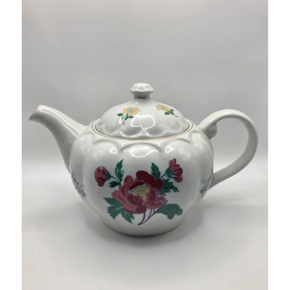 Vintage Parfums Laura Ashley Floral Scalloped Porcelain Teapot Gold Trim White